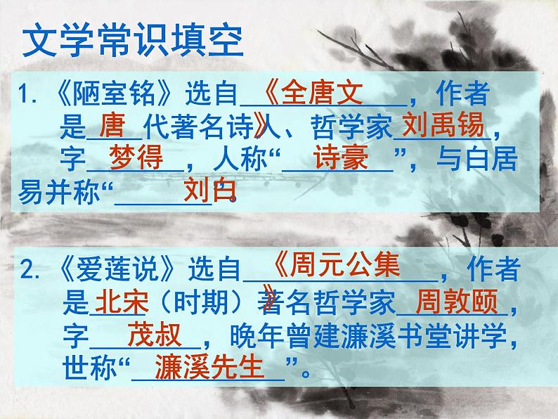 人教版五四制七年级级语文下册《陋室铭》和《爱莲说》复习课件04