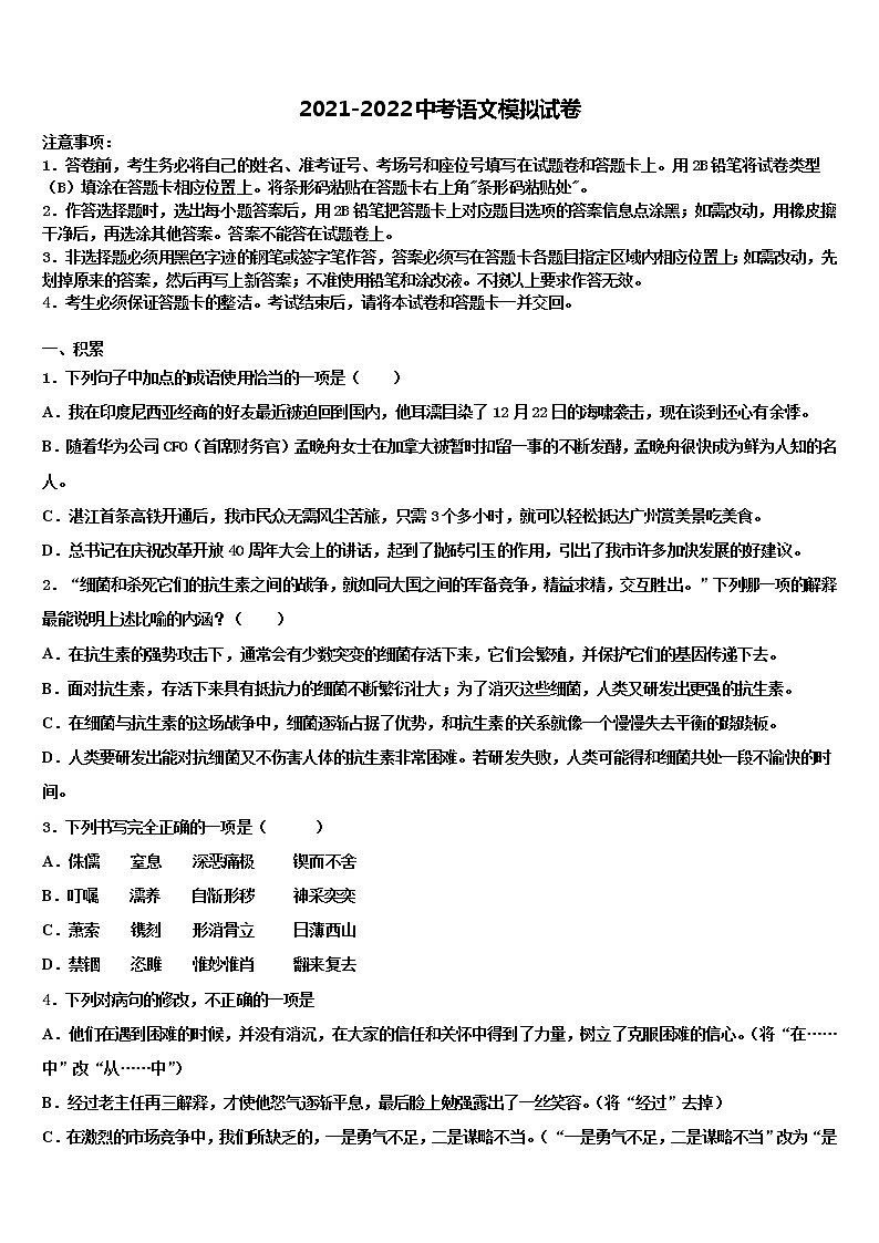 陕西省汉中学市实验中学2022年中考冲刺卷语文试题含解析第1页