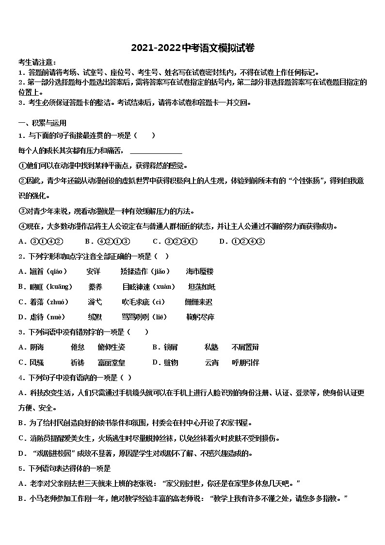 山东省泰安市新城实验中学2021-2022学年中考试题猜想语文试卷含解析01
