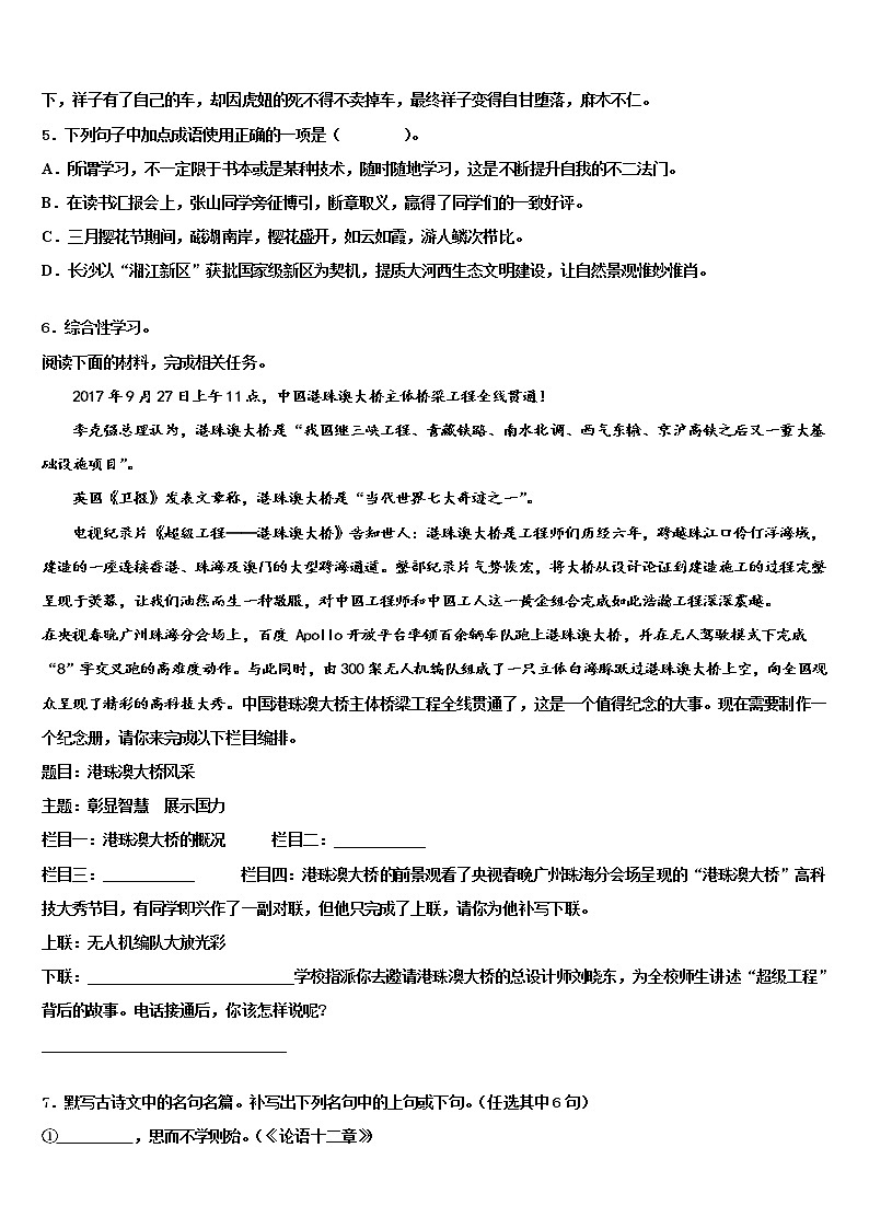 山东寿光文家中学2021-2022学年中考语文对点突破模拟试卷含解析02