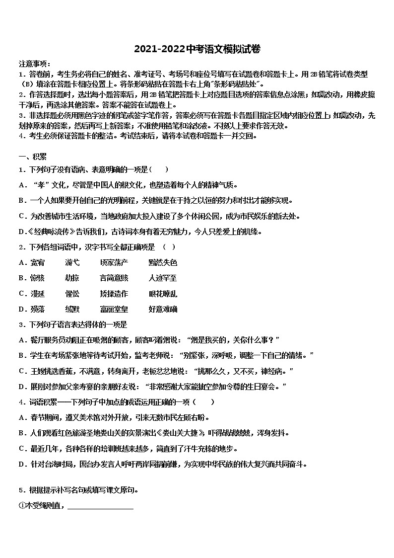 山东省青岛五十九中学2022年中考语文全真模拟试卷含解析第1页