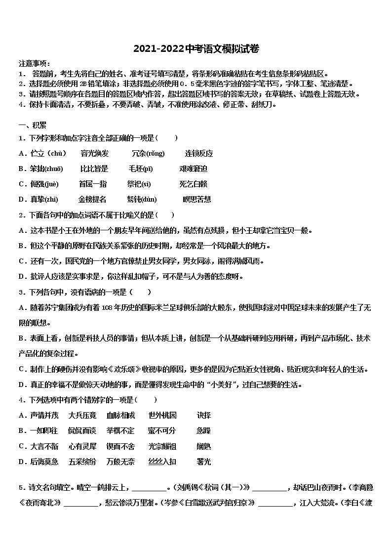 四川省乐山市五中学2021-2022学年中考语文五模试卷含解析01