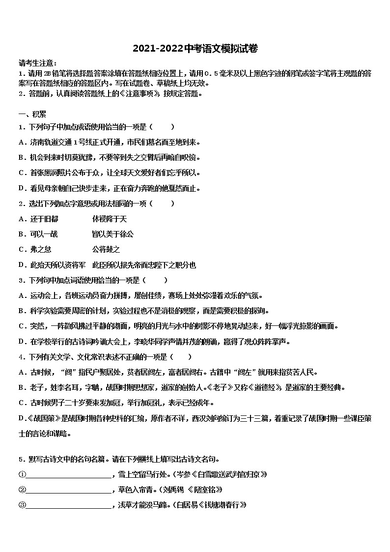 山东省潍坊市高密市重点中学2021-2022学年中考语文模拟预测题含解析01