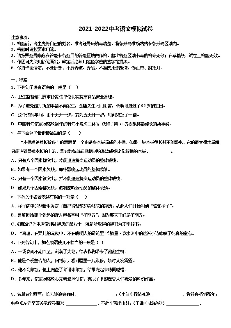天津市东丽区重点中学2022年中考语文押题卷含解析01