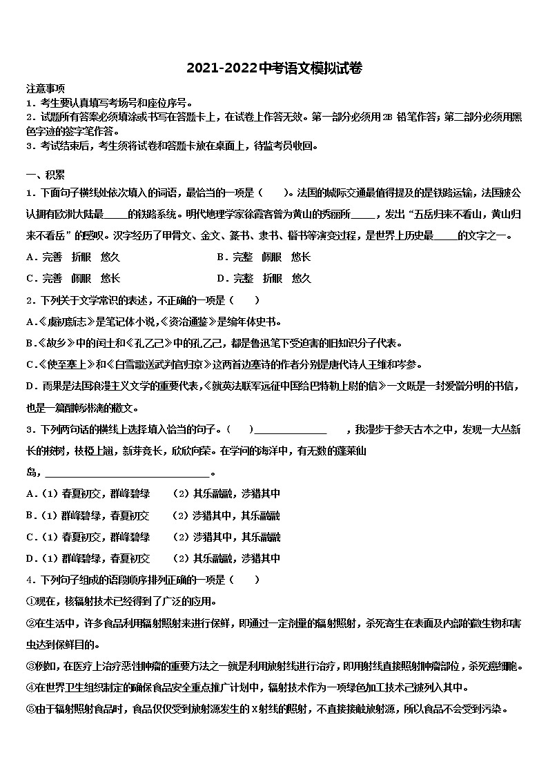 泰安市泰山区2021-2022学年中考语文五模试卷含解析第1页