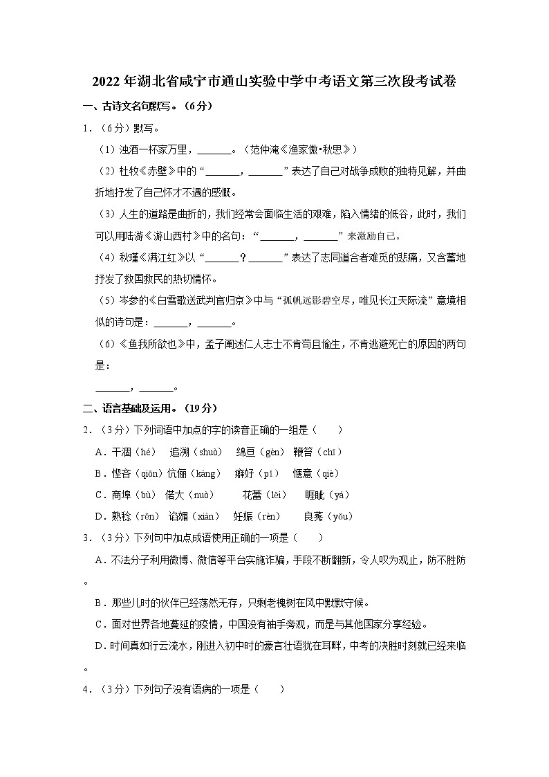 2022年湖北省咸宁市通山实验中学中考语文第三次段考试卷第1页