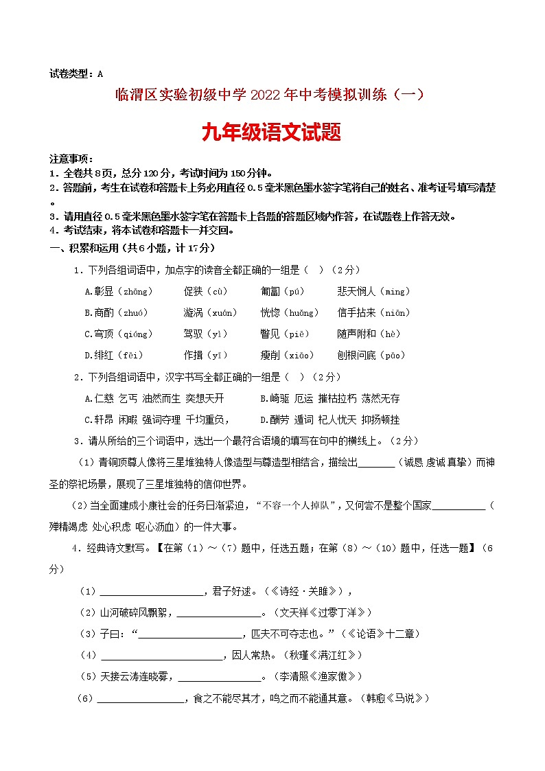 2022年陕西省渭南市临渭区实验初级中学中考模拟训练语文试题（一）(word版无答案)第1页