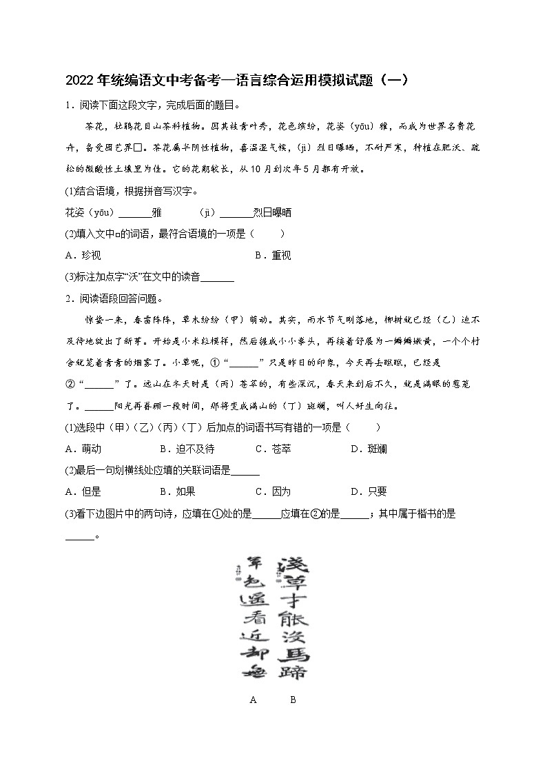 2022年中考语文专项备考——语言综合运用模拟试题（一）第1页