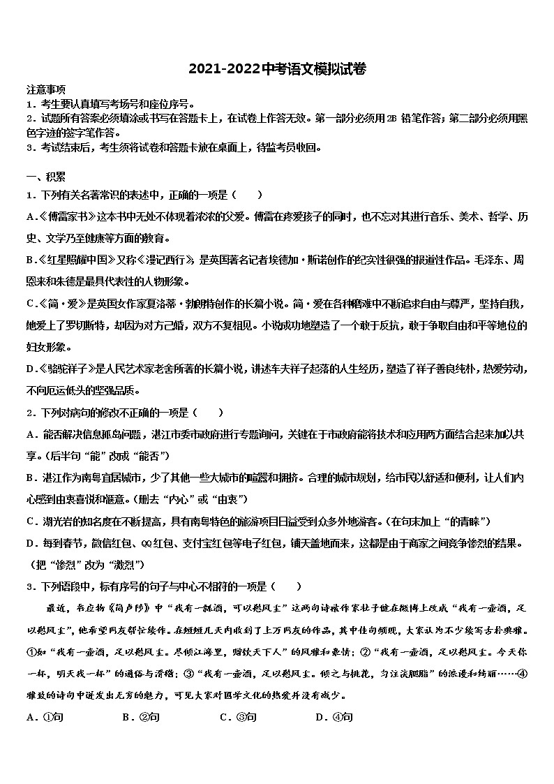 安徽省名校2021-2022学年中考一模语文试题含解析01