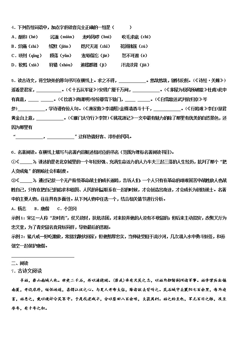 安徽省名校2021-2022学年中考一模语文试题含解析02