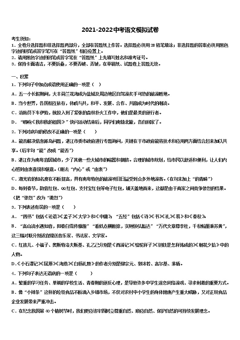安徽省石台县重点中学2021-2022学年中考语文最后冲刺模拟试卷含解析01
