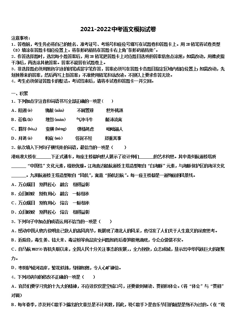 北京师范大朝阳附属中学2022年中考语文对点突破模拟试卷含解析01