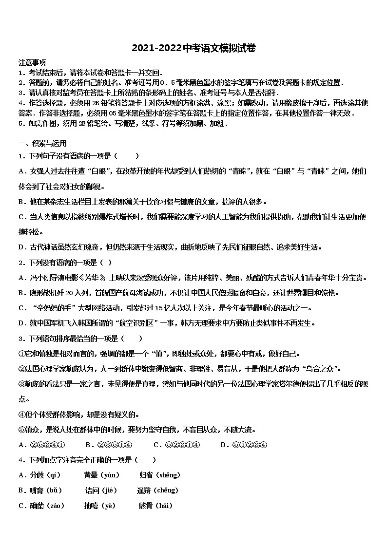 安徽省安庆市安庆二中学东2021-2022学年中考语文适应性模拟试题含解析第1页