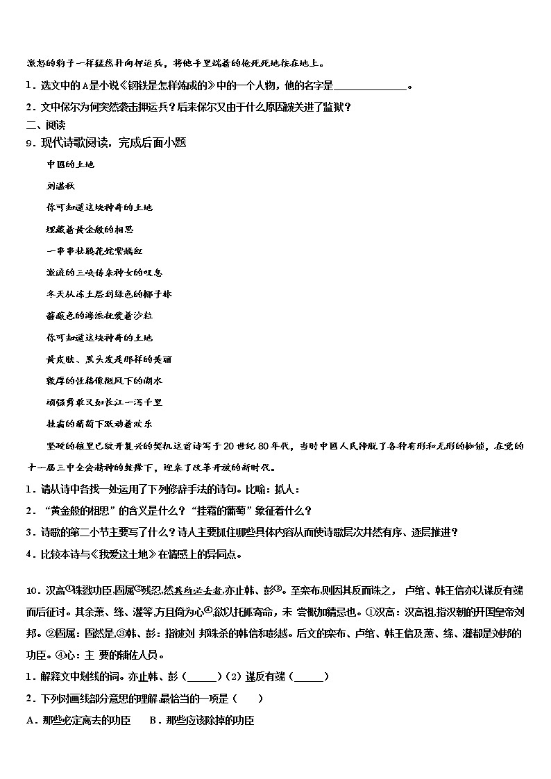 湖北省枣阳阳光校2022年中考语文全真模拟试题含解析03