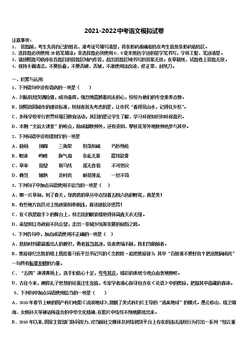 河北省石家庄市二十八中学2021-2022学年中考语文考试模拟冲刺卷含解析第1页