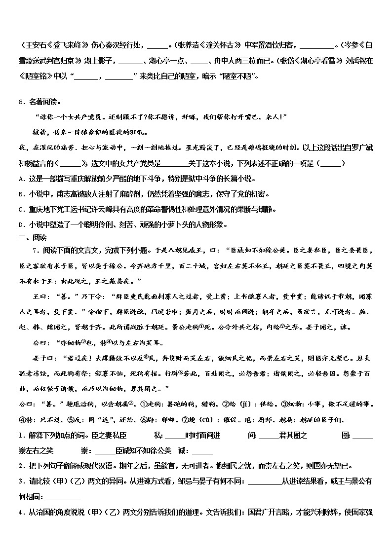 湖北省武汉市江夏一中学2022年中考适应性考试语文试题含解析02