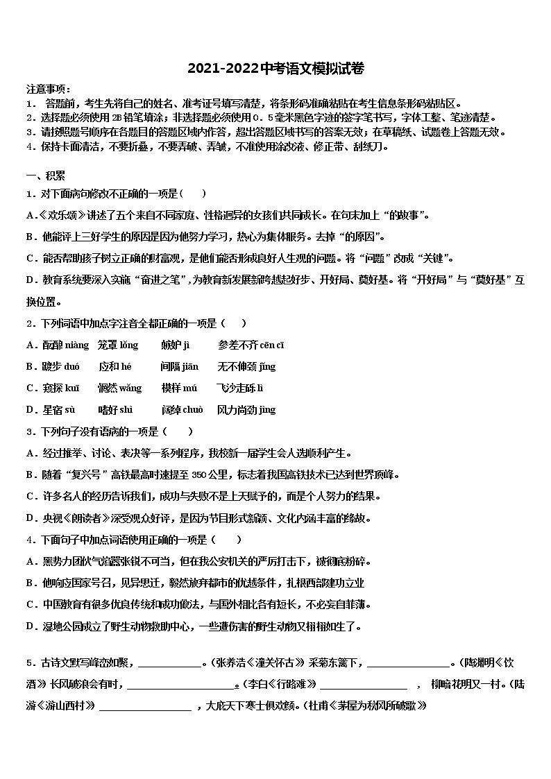 湖北省襄城区2021-2022学年中考一模语文试题含解析01