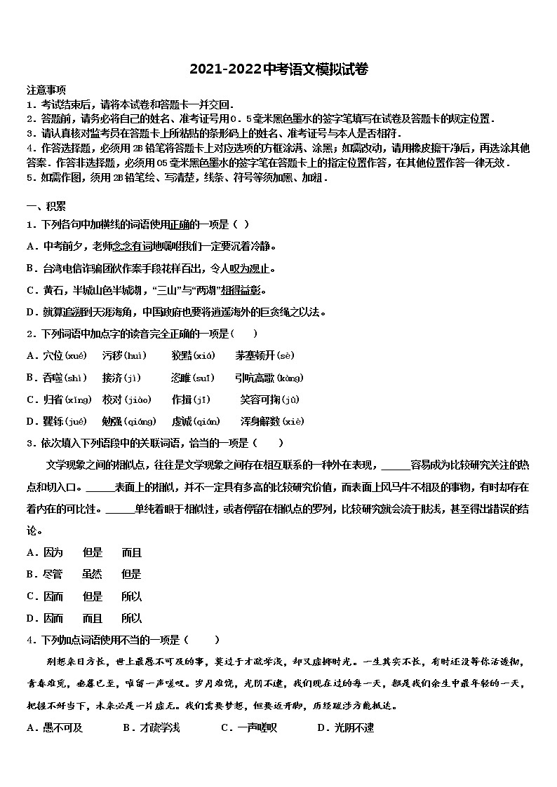 河南郑州中学原区郑州中学原实验校2021-2022学年中考语文模拟试题含解析01