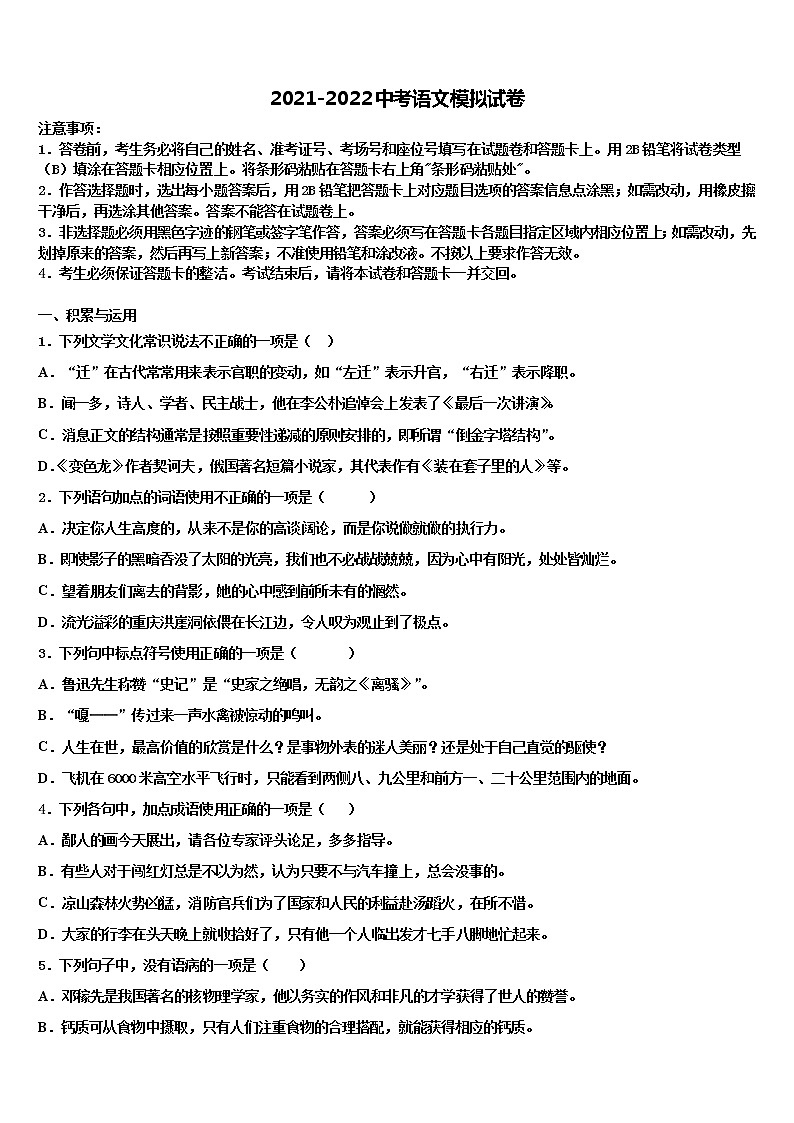 黑龙江省大兴安岭2021-2022学年中考语文模拟试题含解析01