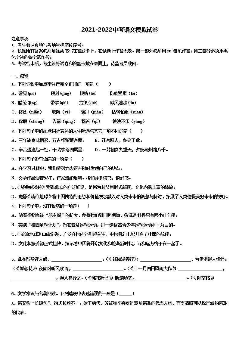湖南省汨罗市弼时片区市级名校2022年中考语文考试模拟冲刺卷含解析01