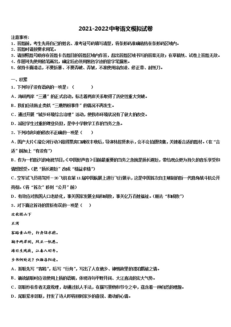 湖北省襄阳阳光校2021-2022学年中考语文最后冲刺模拟试卷含解析01