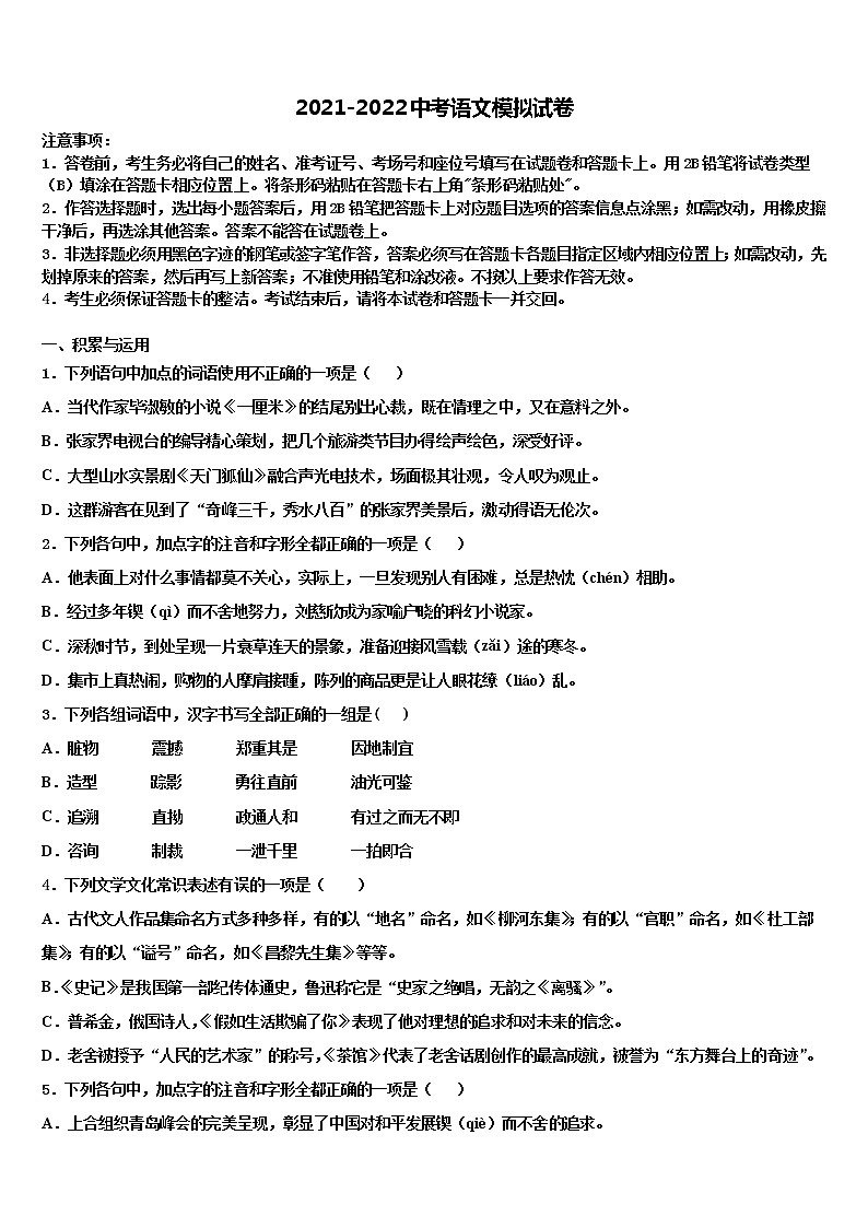 湖北省武汉二中学2022年中考语文仿真试卷含解析01