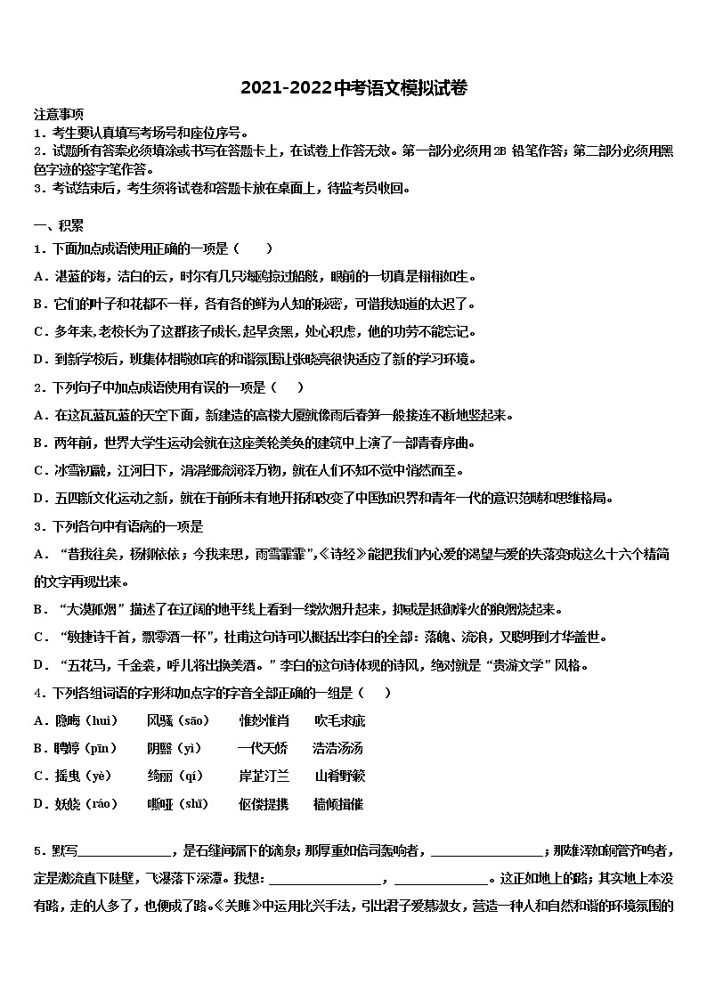 河南省新乡市延津县重点中学2022年中考语文对点突破模拟试卷含解析01
