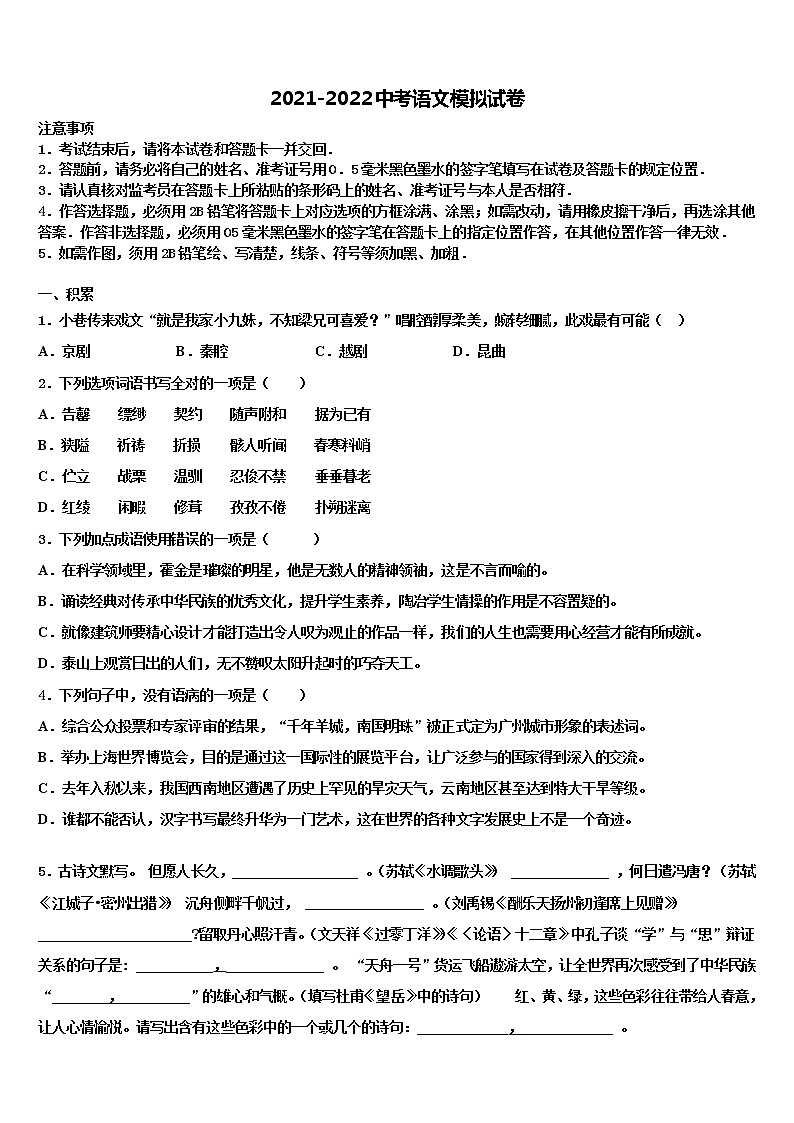 黑龙江省黑河市2021-2022学年十校联考最后语文试题含解析01