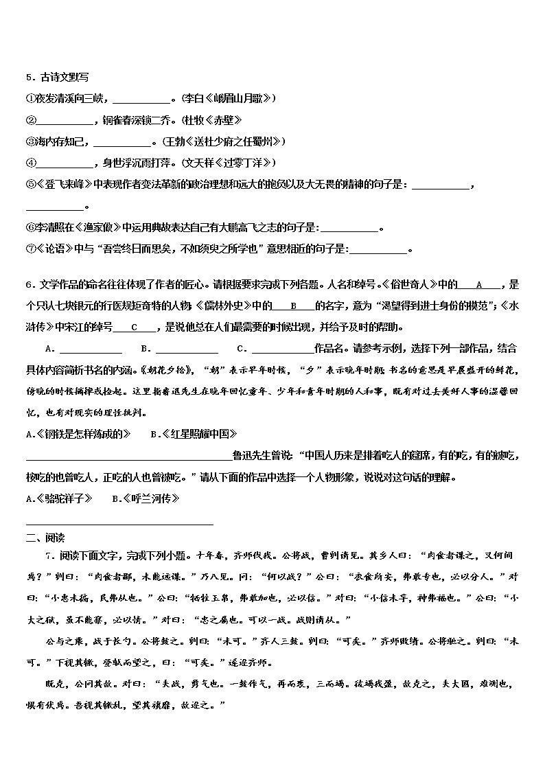 湖北省黄冈市重点中学2021-2022学年毕业升学考试模拟卷语文卷含解析02