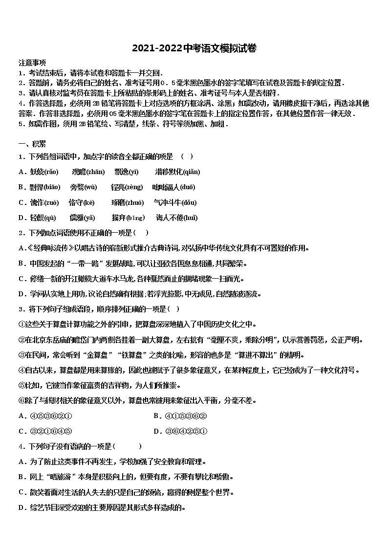 2022年广东省云浮市云安区中考语文全真模拟试题含解析01