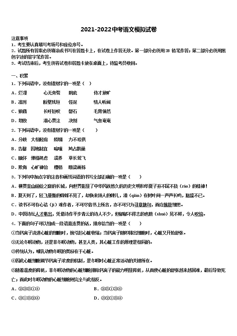 2022年黑龙江省齐齐哈尔市拜泉县中考三模语文试题含解析01