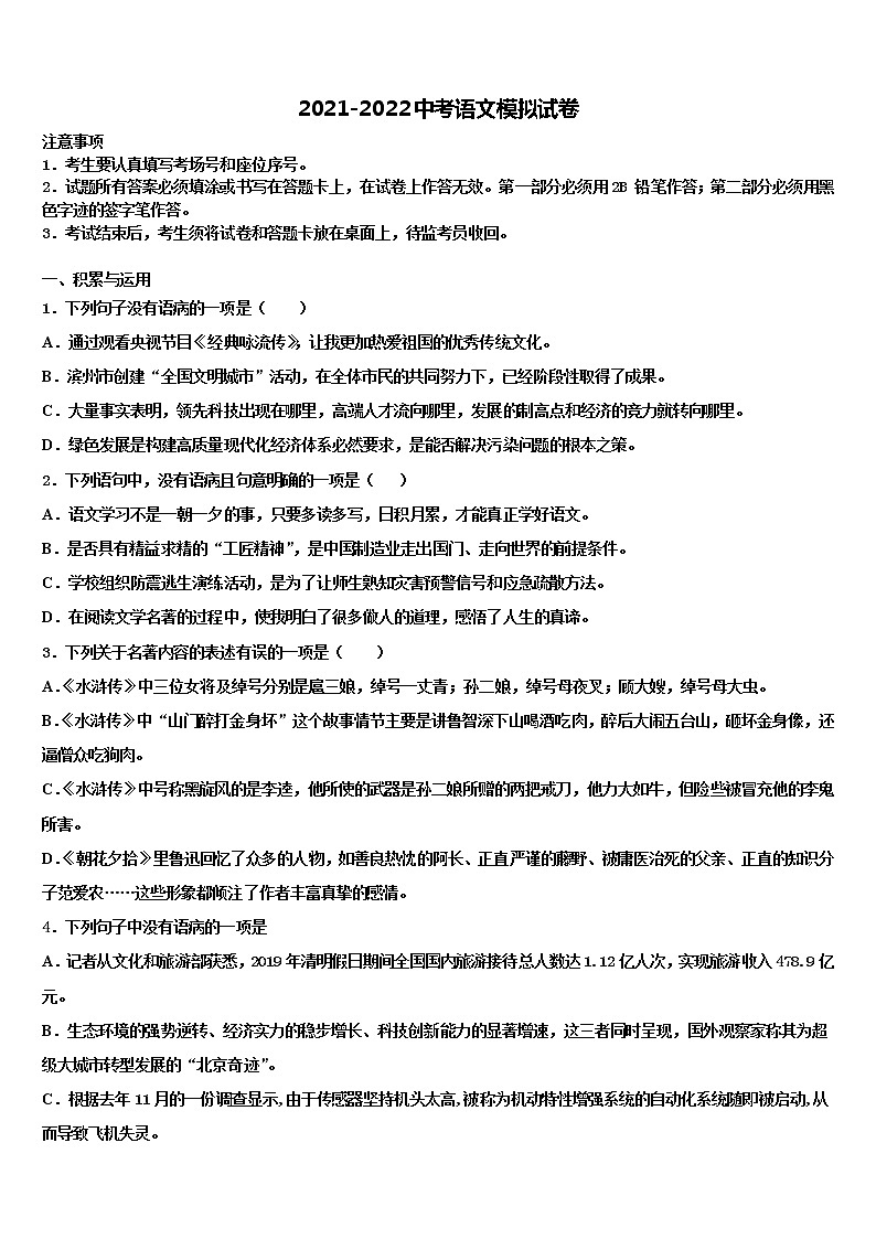 2022年福建省厦门市市级名校中考语文模拟精编试卷含解析01