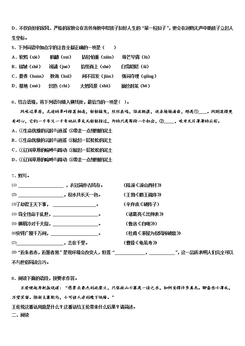 2022年福建省厦门市市级名校中考语文模拟精编试卷含解析02