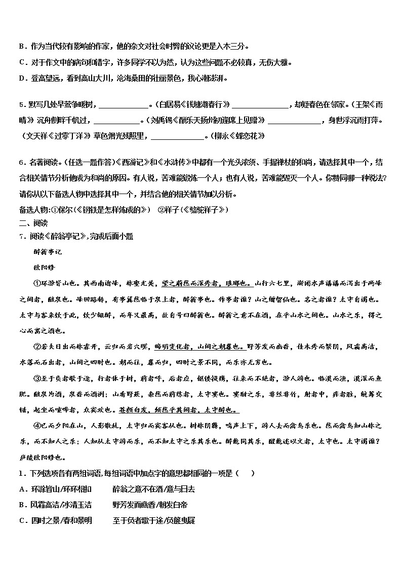 2022年湖北省黄冈市红安二中学中考三模语文试题含解析02