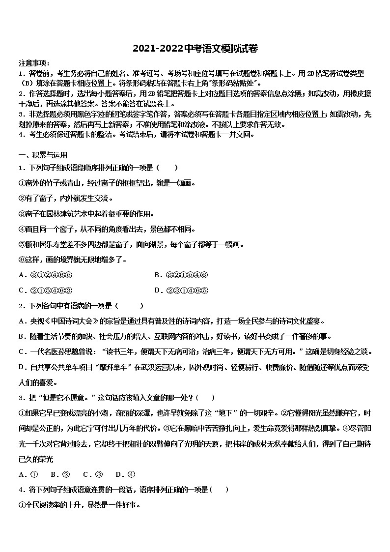 2022年江苏淮安市淮海中学中考语文押题试卷含解析01