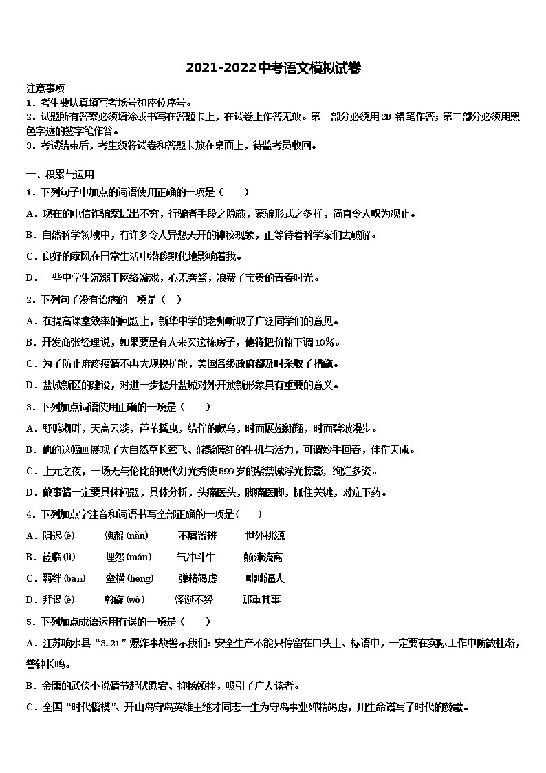 2022年湖北省咸宁市咸安区重点名校中考语文考试模拟冲刺卷含解析01