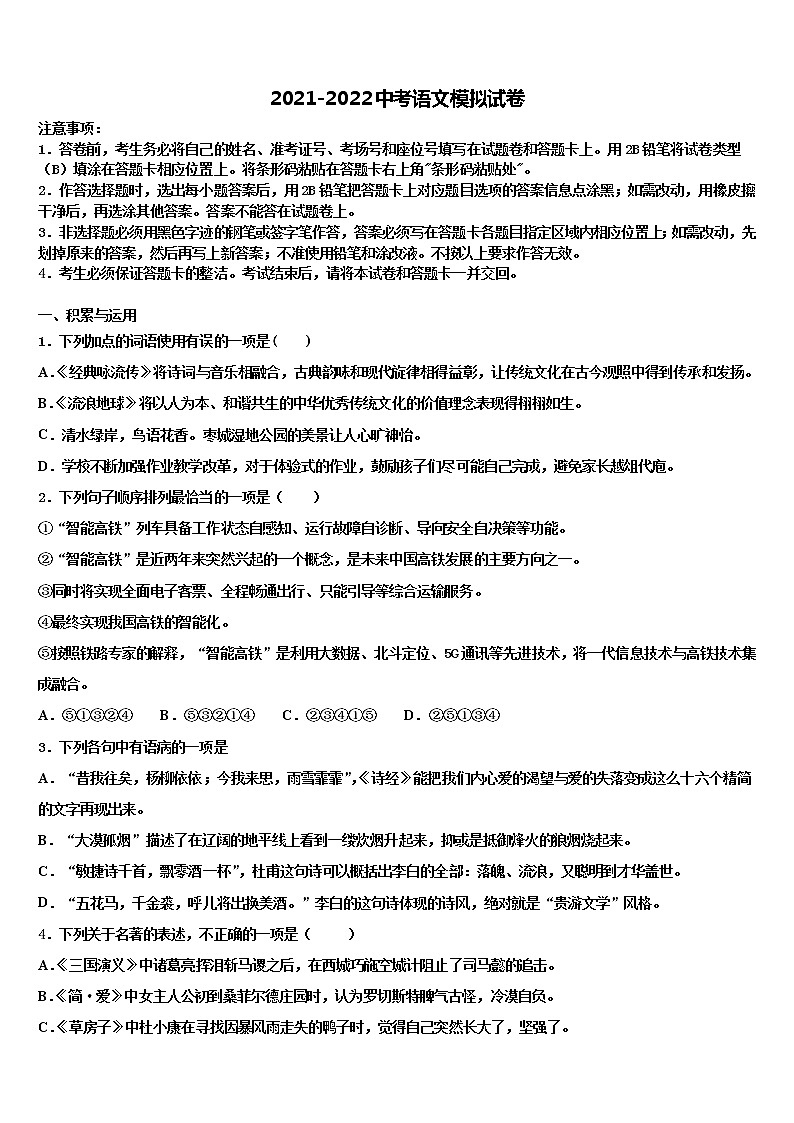 2022年江苏省海安县白甸镇初级中学中考语文最后冲刺浓缩精华卷含解析01