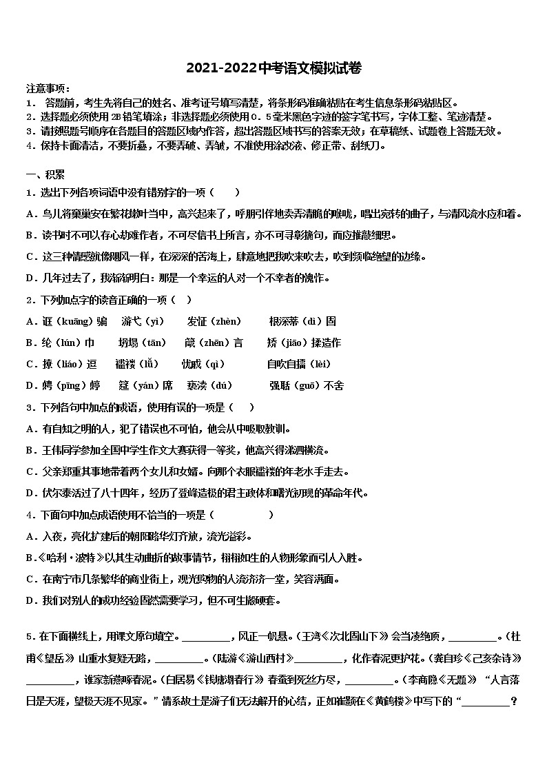 2022年江苏省江阴市南菁教育集团暨阳校区中考语文最后一模试卷含解析01