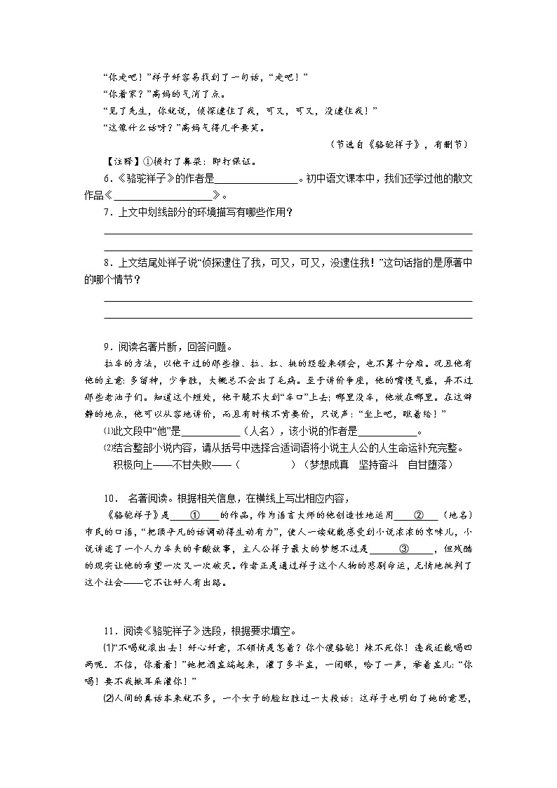 2021-2022学年部编版初一语文下学期期中复习专题《骆驼祥子》（含答案）03