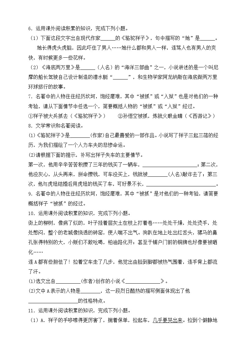 2021-2022学年部编版初一语文下学期期中复习名著阅读《骆驼祥子》（含答案）第2页