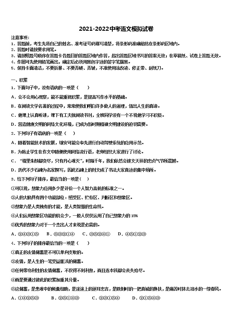 2022年山东省日照市田家炳实验中学中考二模语文试题含解析01