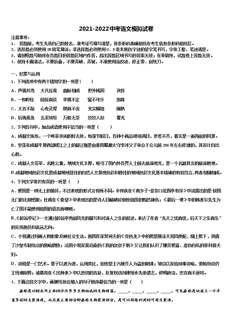 2022年山西省太原市实验中学中考二模语文试题含解析01