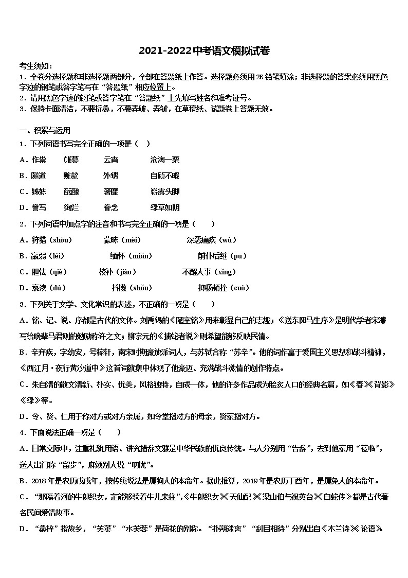 2022年淮北市重点中学初中语文毕业考试模拟冲刺卷含解析01