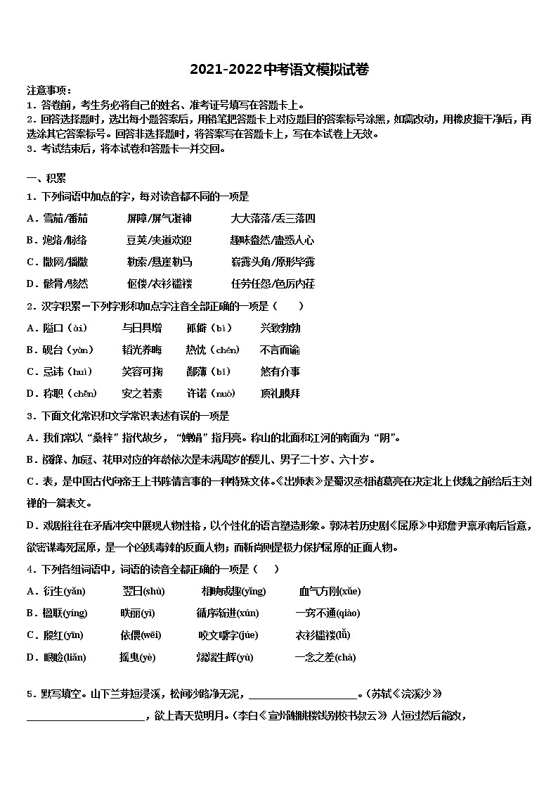 2022年江苏省宿迁市沭阳广宇校十校联考最后语文试题含解析01
