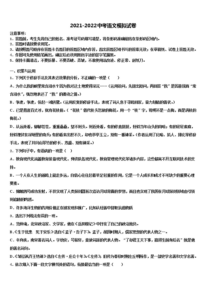 2022年西藏西藏达孜县达标名校十校联考最后语文试题含解析01