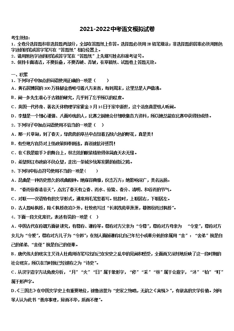 2022年广东省深圳市南山区南山中学英文校初中语文毕业考试模拟冲刺卷含解析01