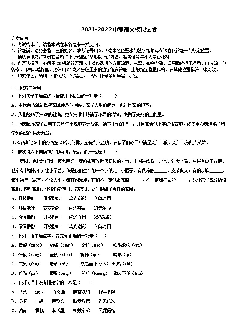2022年福建省厦门市凤南中学中考五模语文试题含解析01