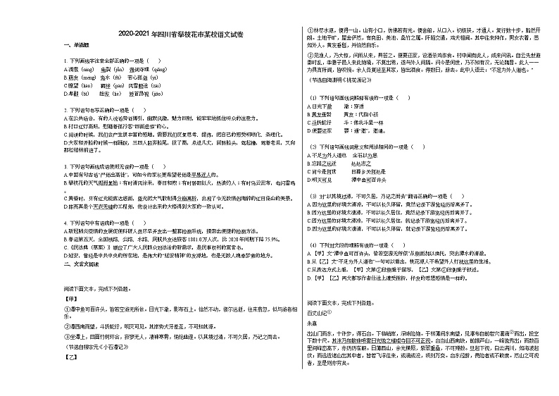 2020-2021年四川省攀枝花市某校语文试卷部编版第1页