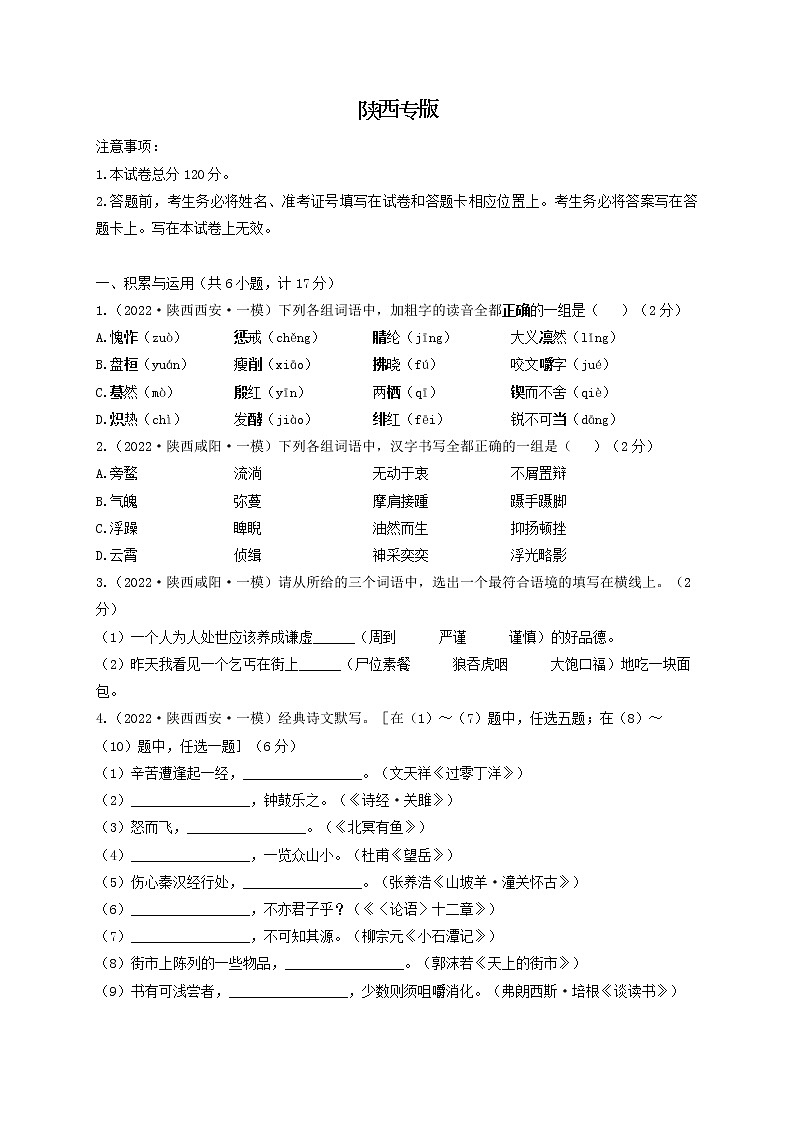 2022届中考语文各省模拟试题汇编卷 陕西专版第1页