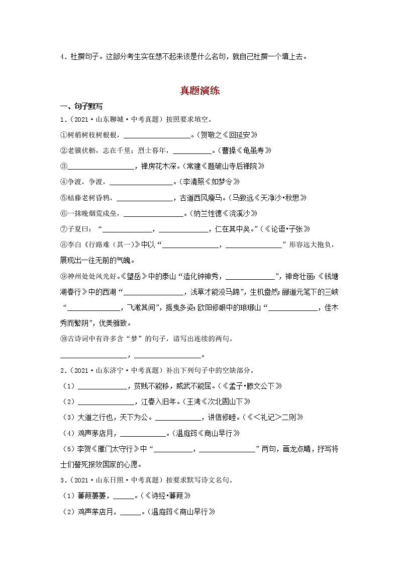 备战2022年中考二轮语文重难点复习指导（山东专用）专题06名句名篇默写（原卷版）第2页